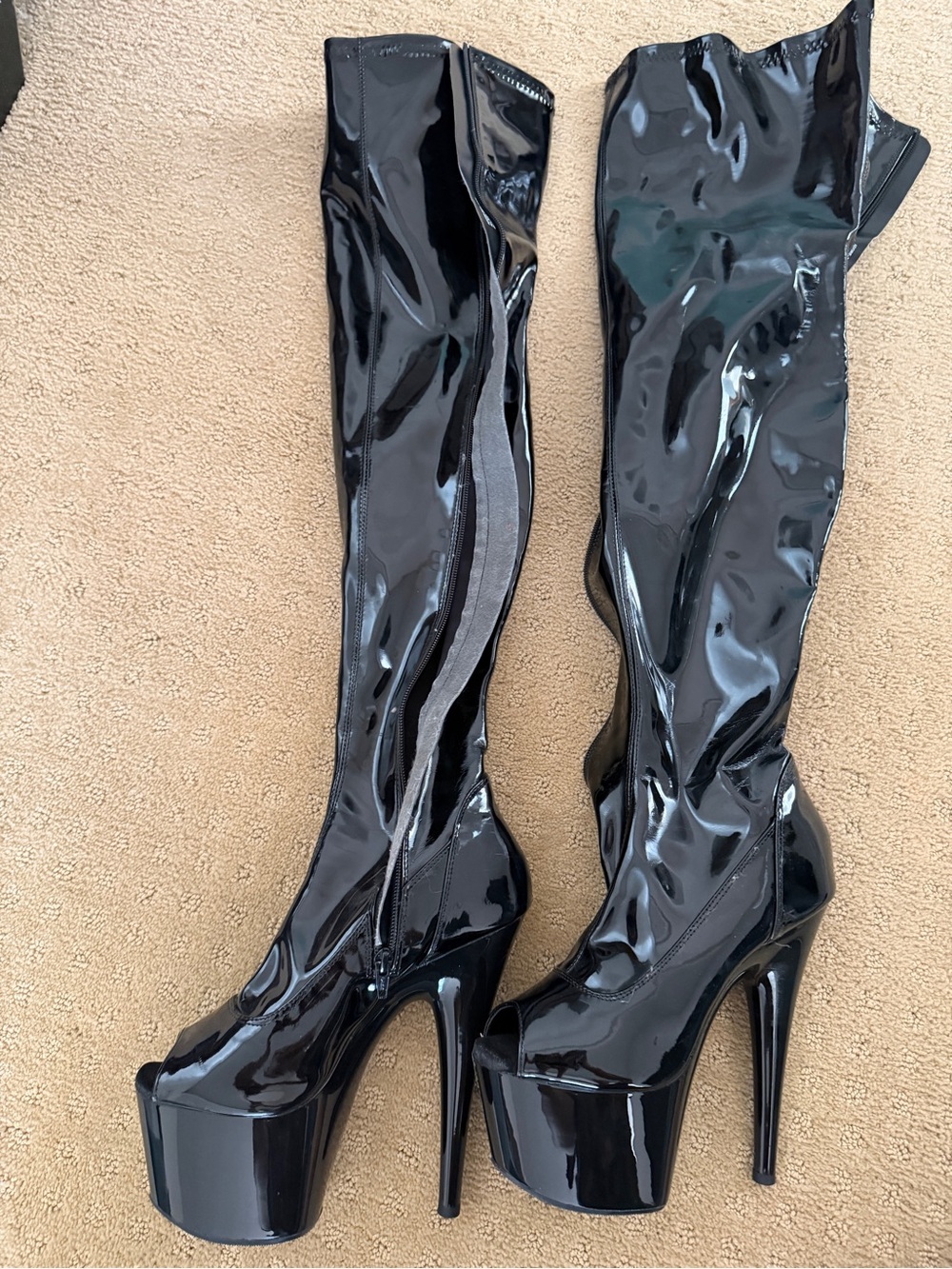Pleaser Adore Black Patent Over-the-Knee Platform Stiletto Boots